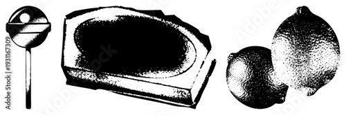 Retro style halftone graphic of candy, soap, and citrus fruits, vector art, isolated food items, classic design, stylized illustration.