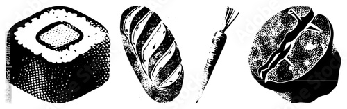 Vintage style halftone food graphics including sushi roll, baguette, carrot, and tomato slice, vector art for culinary design.