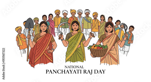 Illustration of diverse people celebrating National Panchayati Raj Day with traditional Indian attire and rural governance symbols.