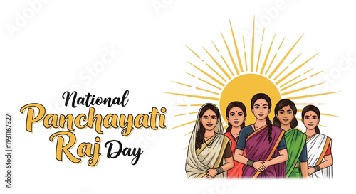 Illustration of diverse people celebrating National Panchayati Raj Day with a sunburst design on a white background, symbolizing rural governance and democracy in India.