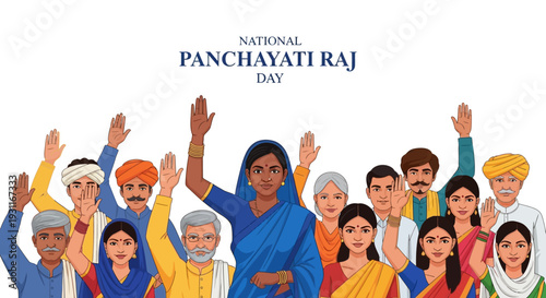 Illustration of diverse people celebrating National Panchayati Raj Day with raised hands in a colorful design