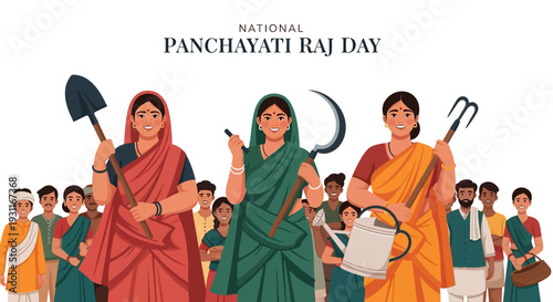 Illustration of diverse people celebrating National Panchayati Raj Day with rural development and governance themes, featuring traditional Indian attire and farming tools.