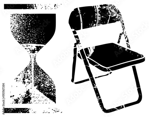 Vintage hourglass measuring time beside foldable chair, halftone texture, graphic design, waiting symbol, event seating, stencil art.