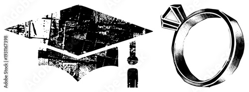 Academic achievement cap with tassel, wedding band with diamond, milestone symbols, educational success, romantic commitment, celebratory, black and white vector art.