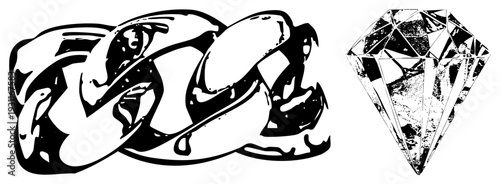 Stylized coiled serpent with flowing curves and a geometric diamond with textured facets, both rendered in high contrast vector art, ideal for graphic design or tattoo motifs.