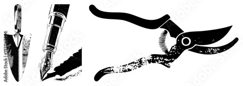 Garden shovel, fountain pen, pruning shears tools for digging, writing, gardening. Vector halftone illustrations,, artistic renderings, creative implements.