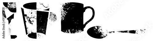 Graphic vector illustration of coffee mug and spoon with halftone texture, isolated cutout, stylized beverage utensils, design, flat silhouette with grainy.