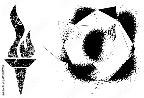 Black and white vector featuring a torch with flame and a soccer ball, rendered in halftone dot, isolated graphic elements for sports and unity themes.