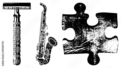 Classic safety razor, vintage saxophone, textured puzzle piece vector. Razor blade, musical instrument, jigsaw element. Retro, graphic, symbolic.