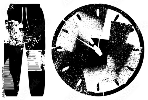 Retro style sweatpants with drawstring waist and halftone, paired with analog clock face showing time, both rendered in gritty black and white vector art.