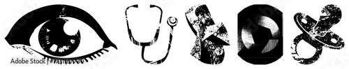 Black and white vector of eye, stethoscope, bandage, camera lens, pacifier medical and baby care symbols with distressed texture, flat design, isolated foreground.