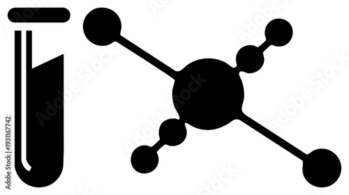 Laboratory glassware holding chemical sample, molecular bonding diagram, scientific research, chemistry education, black silhouette vector.