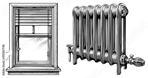 Classic wooden framed window with blinds and draft, paired with ornate cast iron radiator, halftone ink style, isolated vector graphic.
