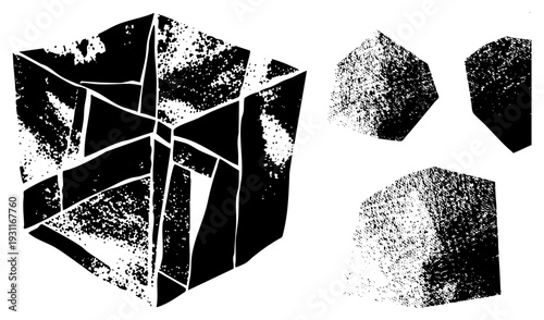 Black and white vector cubes rendered with halftone dot, fragmented surfaces, geometric abstraction, graphic design elements, modern art composition.