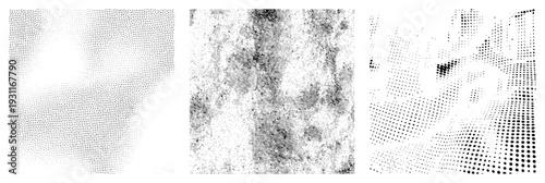 Geometric dot gradients forming abstract textures, halftone stippling, vector graphic, art, digital print textures, graphic design elements.