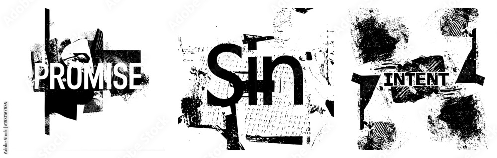Obraz premium Graphic design with fragmented typography spelling Promise, Sin, Intent, featuring halftone textures, distressed shapes, and abstract collage elements. Ideal for, protest, or conceptual art.