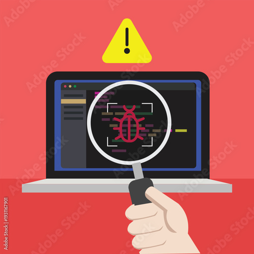 Cybersecurity Threat Detection Concept with Malware Bug on Laptop Screen