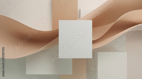 3D Abstract Background with Asymmetrical Modular Blocks and Ribbon Waves, Central Copy Space