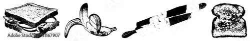 Sandwich, banana peel, butter knife, toast all depicted with halftone texture, black and white vector illustrations, food for design use.