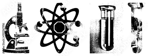 Microscope, atom, test tubes in lab setting, scientific research tools, STEM education symbols, black and white vector graphics.