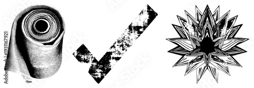 Black and white halftone textures on three vector rolled fabric, checkmark, starburst. Graphic design elements with gritty, distressed aesthetic.