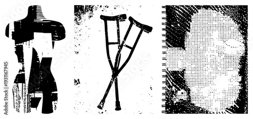 Abstract vector mannequin shape, crutch pair, halftone face portrait. Graphic design elements for UI, print, or web., distressed, textured.
