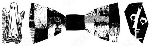 Vintage Halloween ghost, textured bow tie, geometric face, black and white vector art, stylized graphic elements.
