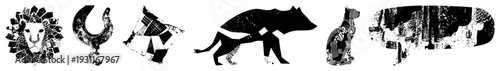 Stylized animal figures composed of geometric, black silhouette art, graphic design motifs, modern illustration, fragmented forms.