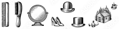 Classic grooming tools, vintage hairbrush, round mirror, elegant high heels, bowler hat, top hat, cozy cabin, coffee cup, retro illustration, black and white art.