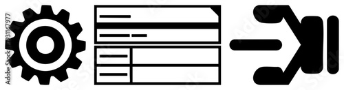 Black vector showing gear for settings, server rack for data storage, and right arrow for forward action, minimalist tech interface elements.