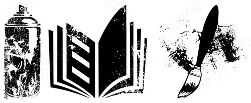 Urban art tools including spray can, open book, paintbrush with splatter, stencil art, street art, design inspiration, creative expression, artistic tools.