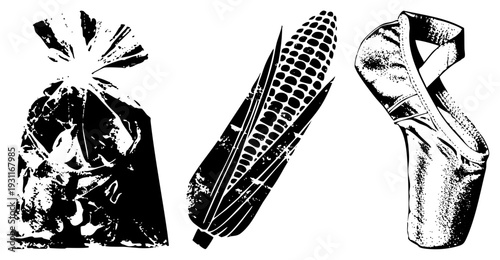 Retro halftone illustrations of corn cob, gift sack, and ballet shoe, graphic design elements, vector art, artistic symbols, creative.