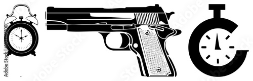 Classic alarm clock, pistol silhouette, stopwatch bold black vector graphics with halftone texture, isolated foreground elements for design use, time and urgency symbols.