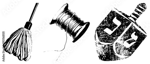 Classic halftone rendered cleaning mop, thread spool, dreidel with Hebrew letters, graphic art, vector design, isolated objects.