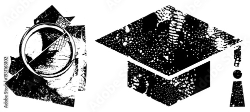 Stylized graduation cap with splatter texture and magnifying glass, urban art design, educational symbolism, black and white vector graphics, isolated elements for branding or digital use.