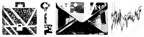 Business travel briefcase with diagonal stripes, antique key, mail envelope with halftone text, financial graph. Office, finance, communication, corporate symbols.