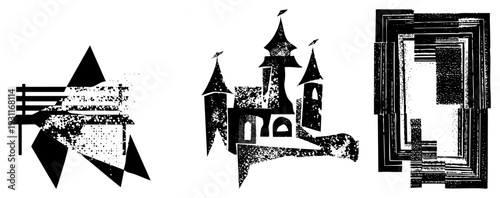 Stylized black shapes with halftone grain, geometric forms, layered rectangular frames, abstract composition, graphic design elements.