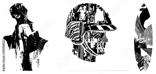 Stylized human profiles rendered in high contrast halftone, vector art, graphic design elements, black and white silhouette, fragmented texture.