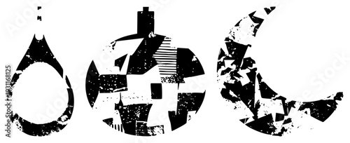 Distressed vector featuring water drop, submarine, and moon with fragmented textures, design, stencil style decay, graphic art elements.