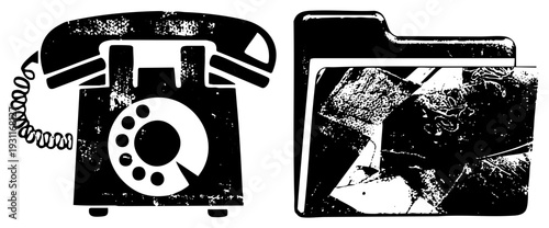 Retro rotary telephone and computer folder, distressed black and white vector, digital storage symbol, vintage tech graphic, grunge aesthetic.