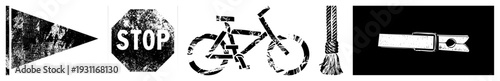 Worn road sign, stop symbol, bicycle, rope knot, clothespin clip, grungy texture, vector design for UI or print.