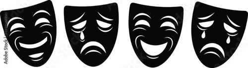 Theater Drama Masks Silhouette, Tragedy And Comedy Face Icons, Entertainment Performance Symbols, Acting Stage Art, Greek Theatre Expression, Sad Happy Expression,