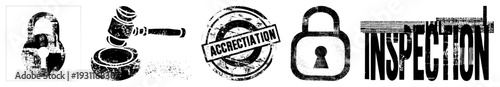 Gavel striking block, padlock, “ACCRECITATION” seal, “INSPECTION” text legal, security, compliance symbols in gritty vector style.