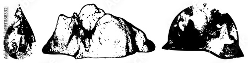 Stylized shapes mountain peak, teardrop droplet, helmet silhouette. Graphic design elements with textured halftone. Vector cutout art for creative compositions.