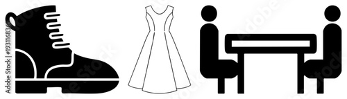 Vector of boot, dress, and two seated figures at table, minimalist flat design, graphic symbols, isolated elements, stylized human forms, fashion and seating concepts.
