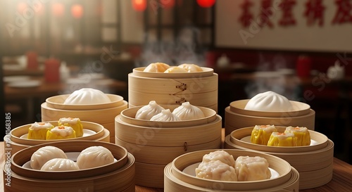 Assorted Dim Sum in Bamboo Steamers.