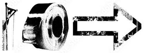 Black and white halftone vector graphic of tape roll transforming into arrow, industrial material, workflow symbol, design element, process illustration.