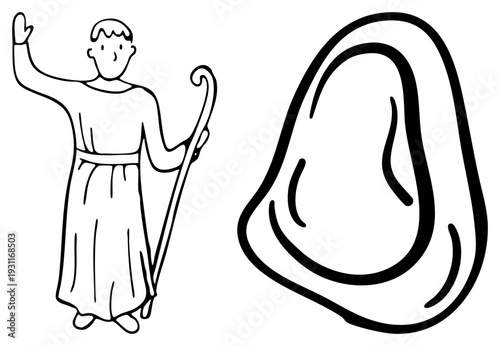 Ancient prophet or shepherd figure with staff, biblical symbol, ear, religious, simple art, spiritual message, divine hearing.