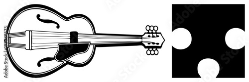 Stringed musical instrument with f holes and tuning pegs, paired with abstract puzzle shape, minimalist illustration, flat vector art.