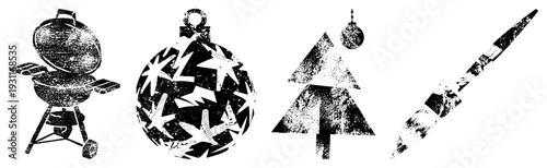 Black and white holiday symbols barbecue grill, star ornament, geometric tree, paintbrush with brushstroke, halftone texture, festive design elements.
